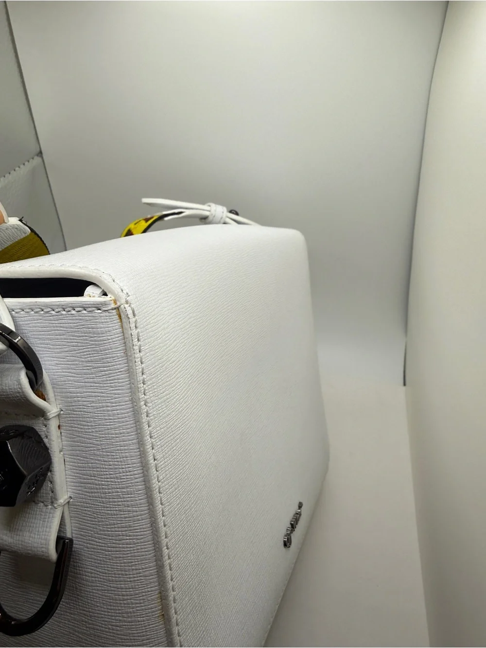 Off-White Inspired White & Black Diagonal Stripe Crossbody Bag with Yellow Strap